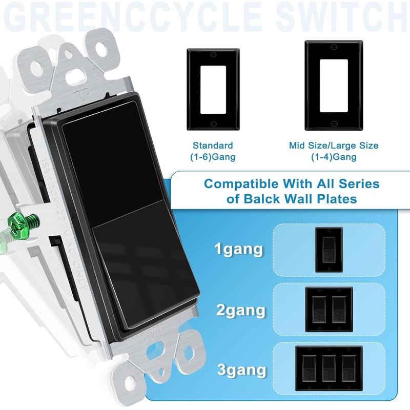 Black Single Pole Rocker Light Switch 15 Amp 120V 277V AC On Off Wall Switch gallery
