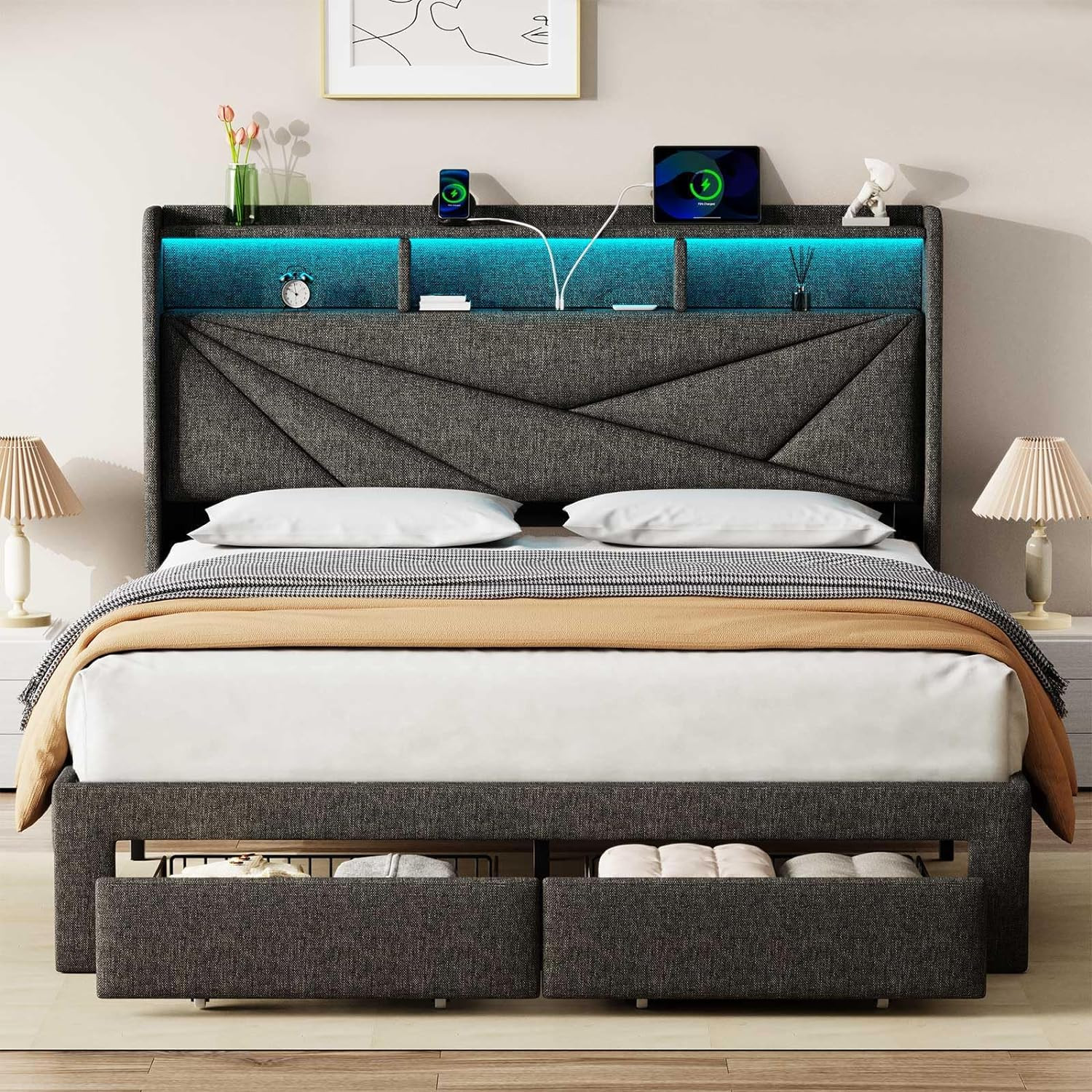 LED Queen Bed Frame with Storage Drawers, Upholstered & Easy Assembly - Grey gallery