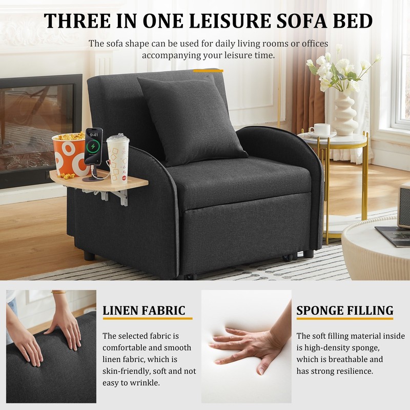 Convertible Sleeper Chair Pull Out Bed with USB Port & Foldable Side Table gallery