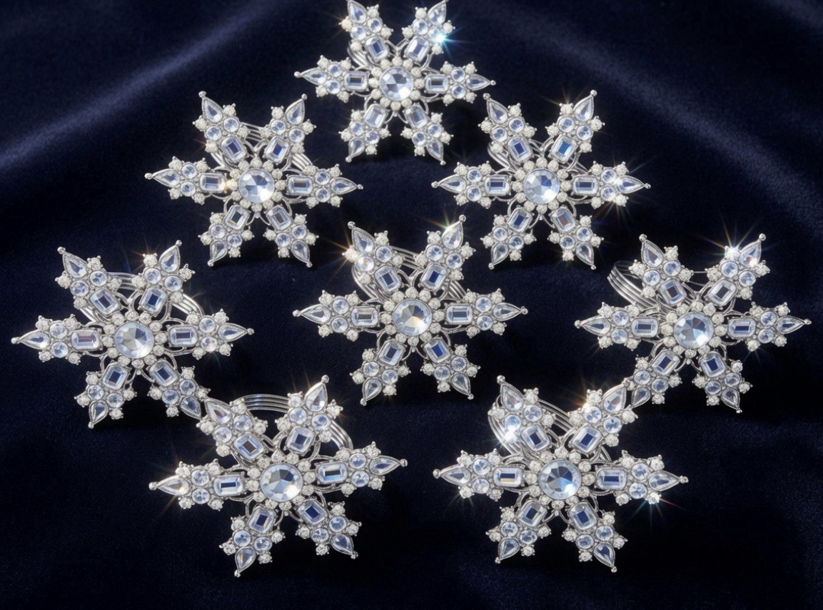 Elegant Crystal Snowflake Napkin Rings Set of 8 Sparkling Winter Table Decor gallery