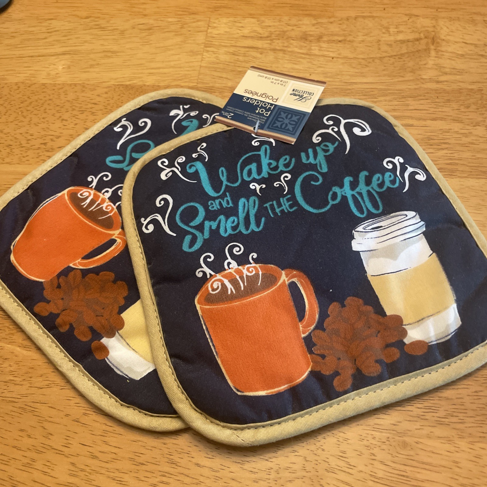 NWT~ Home Collection Pot Holders Wake up & Smell THE Coffee ~ 7” x 7” gallery