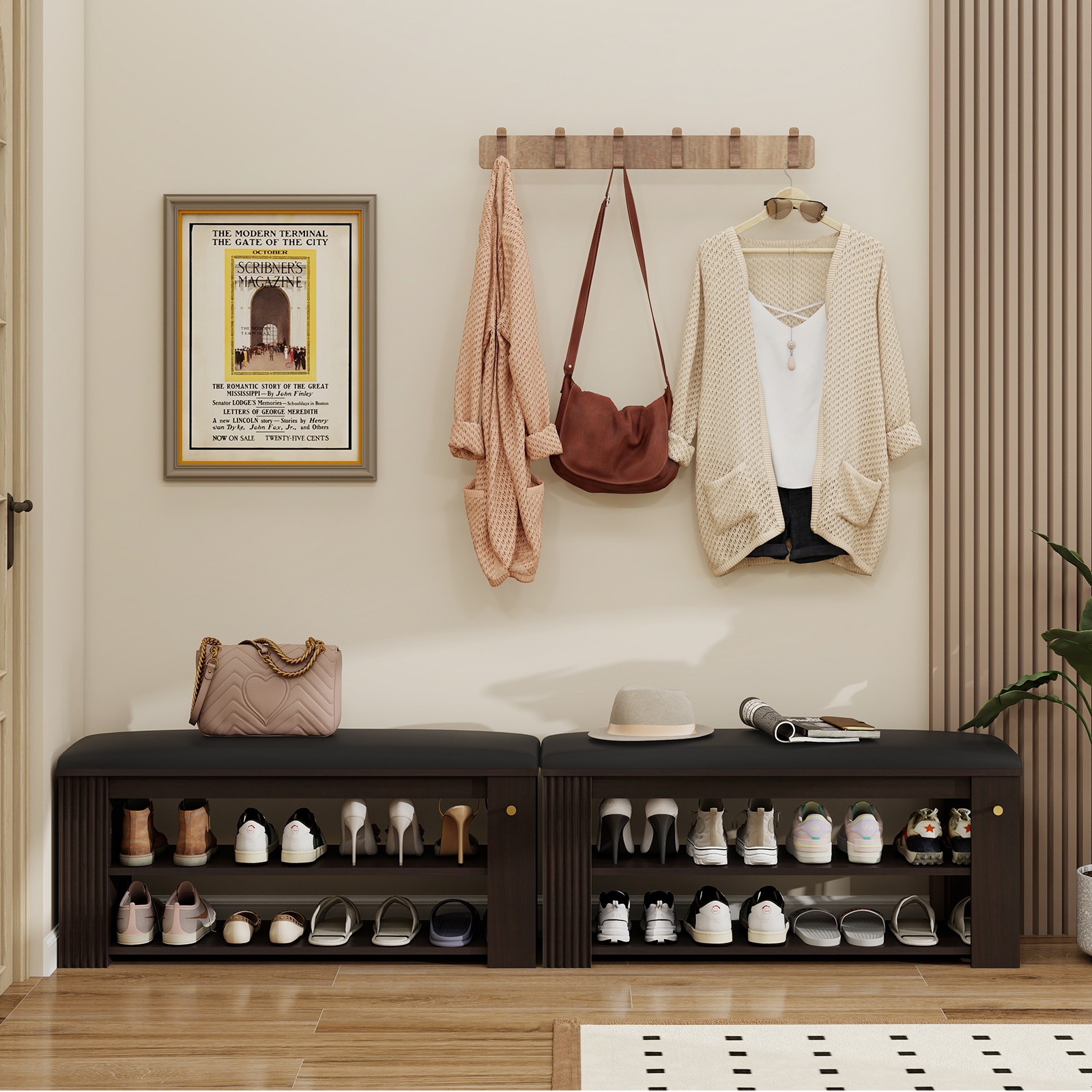 Entryway Bench with Storage and Hooks - PU Leather Ottoman Shoe Rack for Hallway gallery