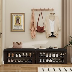 Entryway Bench with Storage and Hooks – PU Leather Ottoman Shoe Rack for Hallway