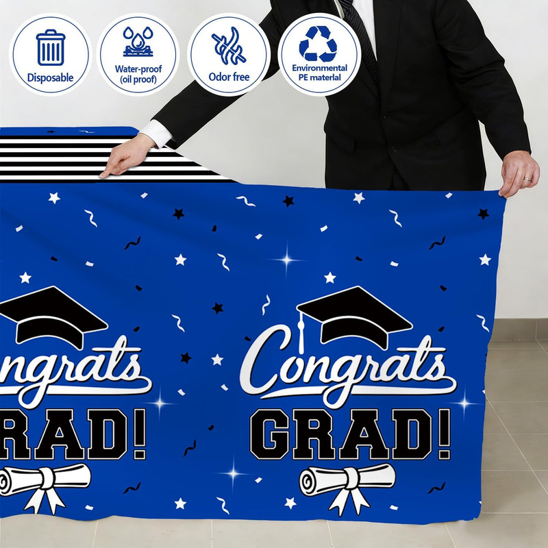 7-Pack Graduation Party Decorations Set, 3 Blue Graduation Tablecloths 54X108In, gallery