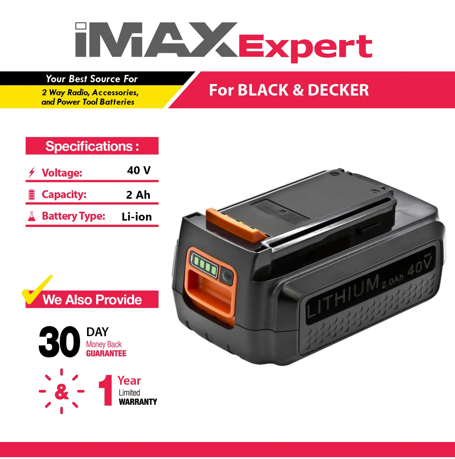 40V 2Ah Li-ion Battery for Black & Decker LBX2040, LBXR36, LBXR36-2, LBX36 gallery