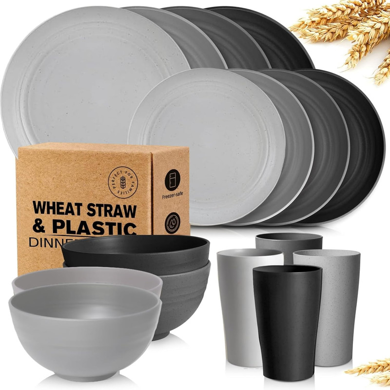 16pc Wheat Straw Dinnerware Set Plates Bowls Cups Microwave Safe for 4 gallery