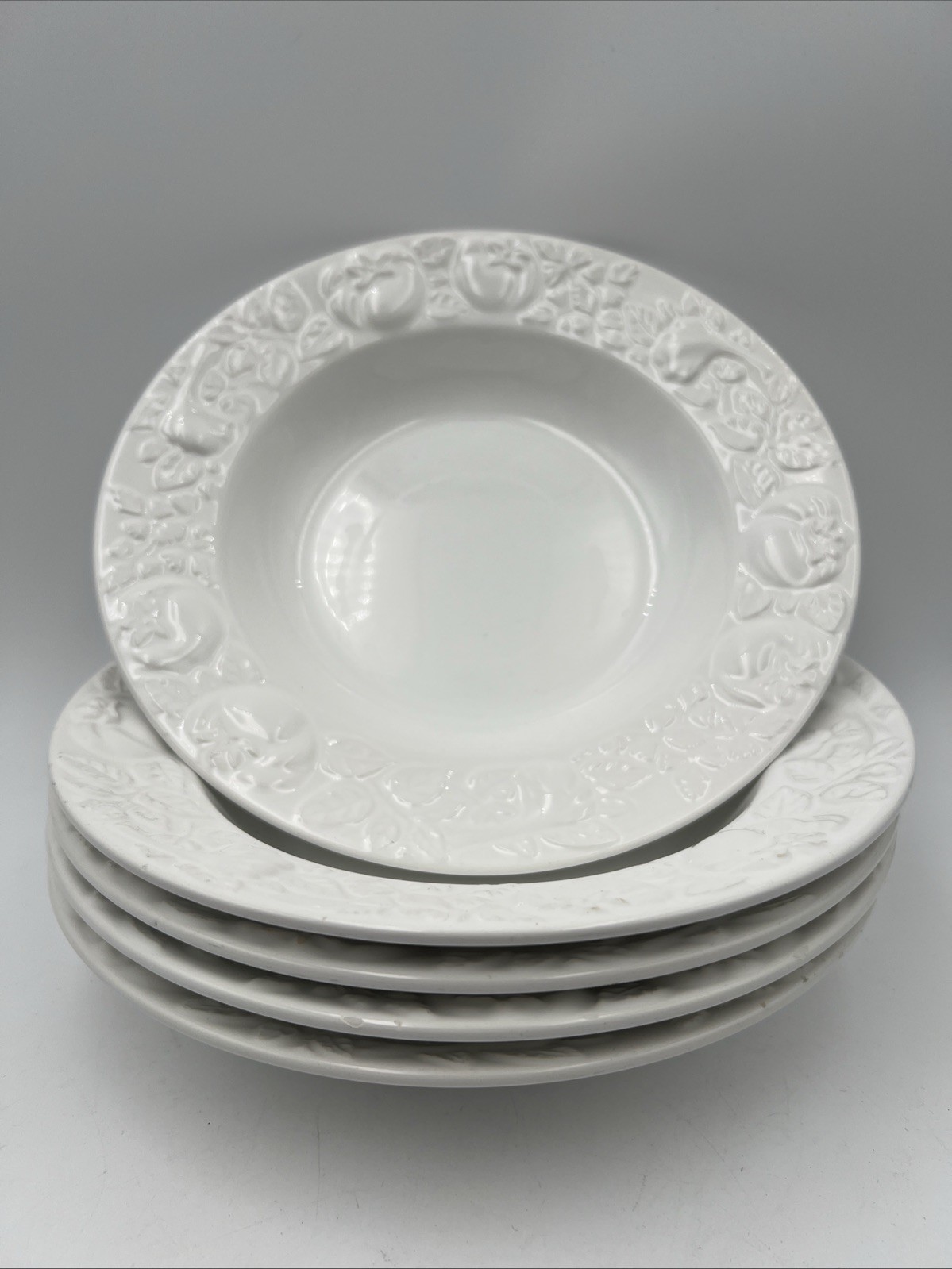 Set of 5 - Over and Back White Embossed Tomatoes 10 ½” Rimmed Soup Salad Bowls gallery