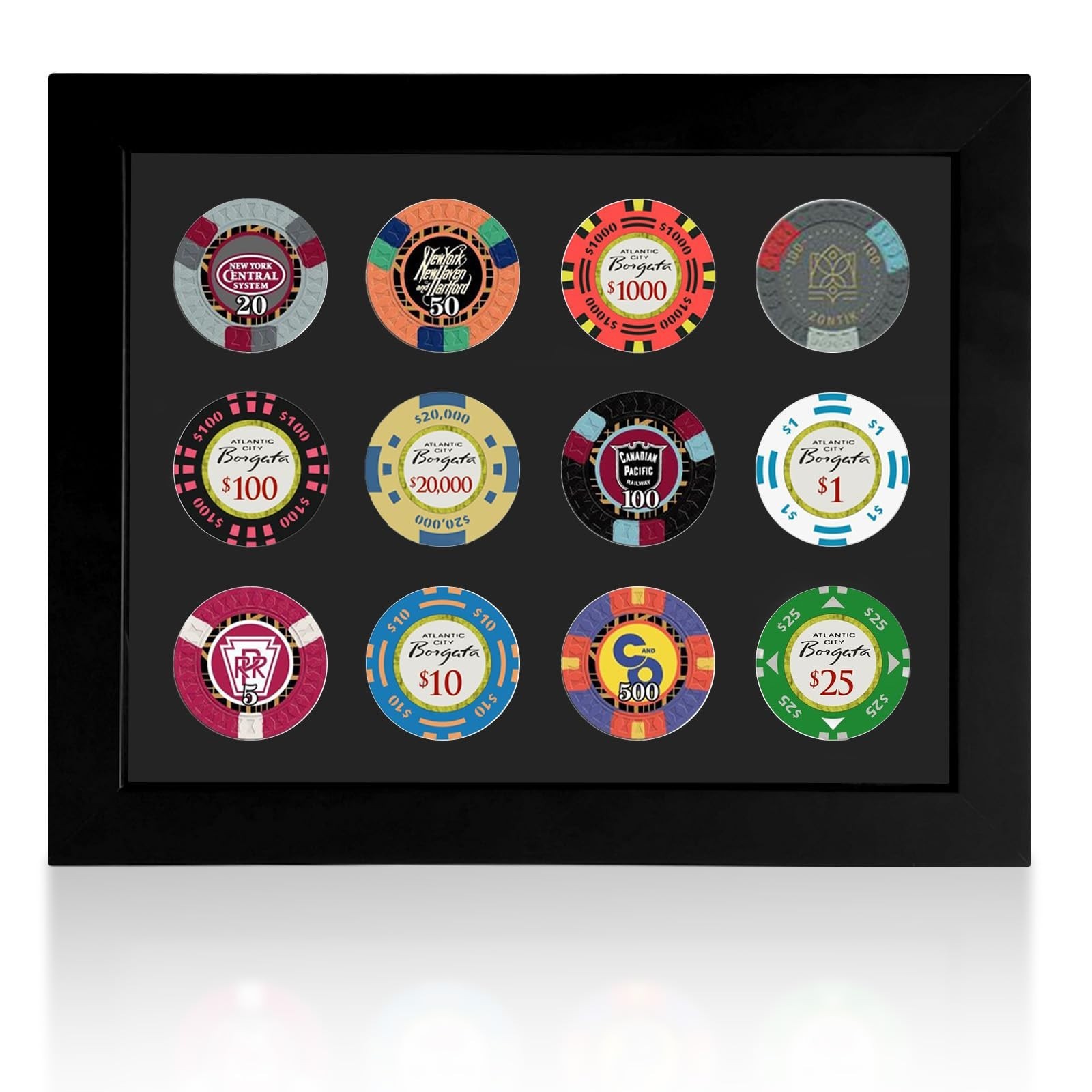 12 Chip Poker Display Frame - Wall Mount/Tabletop, EVA Foam Lining, Black Flocke gallery
