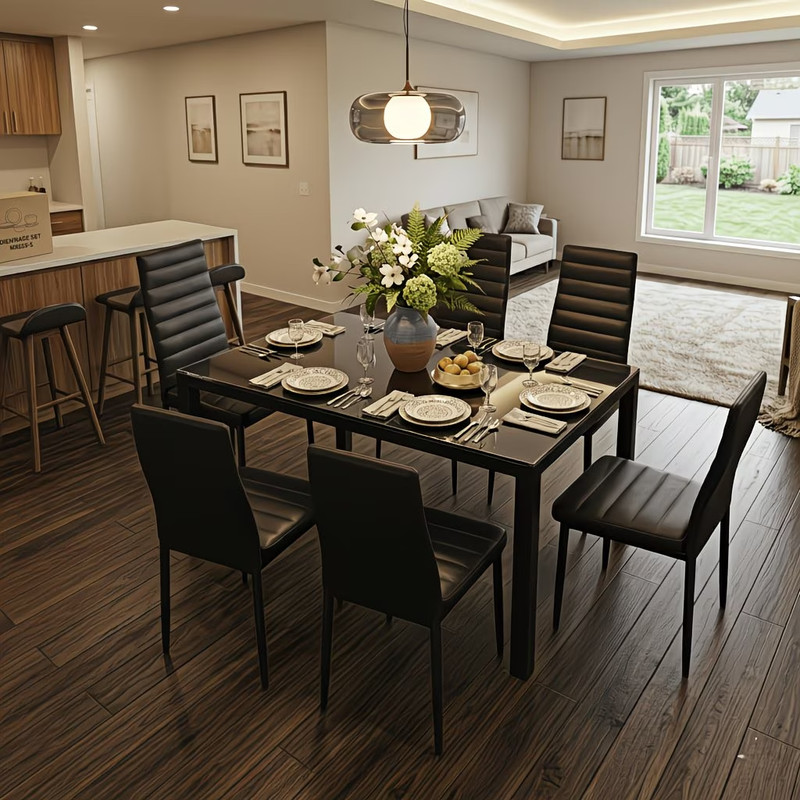 Modern 7pcs Glass Dining Table Set gallery