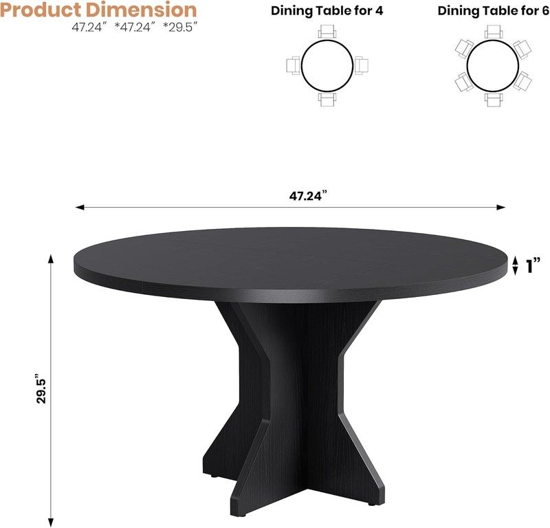 47In Round Dining Table Kitchen Table for 4 to 6 People with Wood Pedestal Base gallery