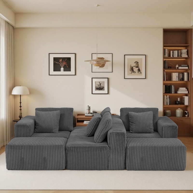 132" Modular U-Shaped Sectional, Gray Striped Corduroy, Reversible Chaise gallery