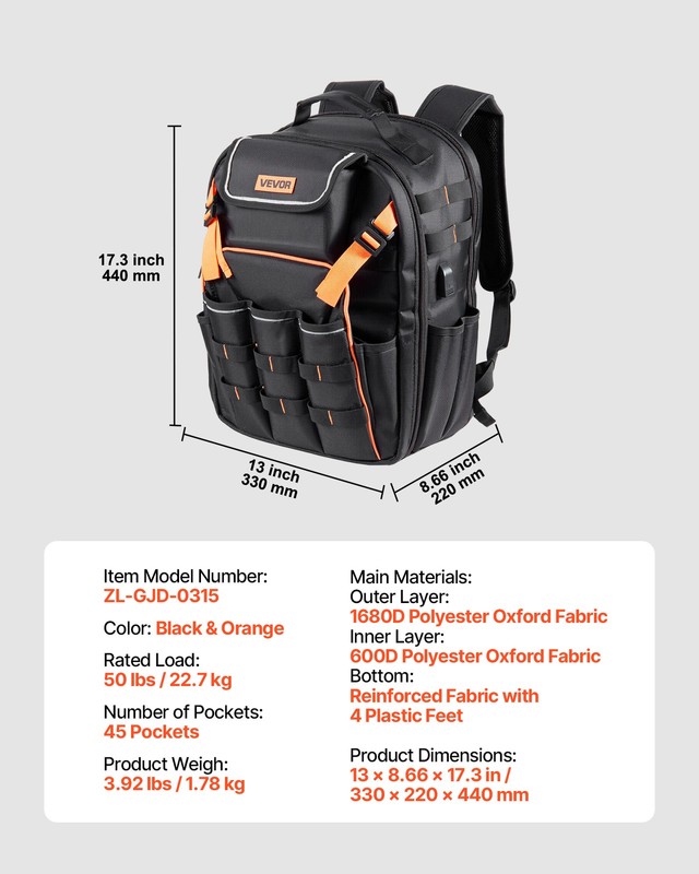 VEVOR Tool Backpack 45 Pockets Tear-resistant Jobsite Backpack for Electrician gallery