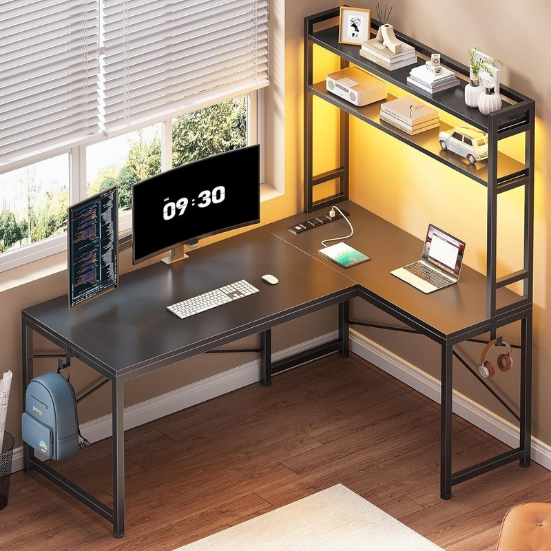 L Shaped Computer Desk, Small Corner Desk with LED Lights and Storage Shelves gallery