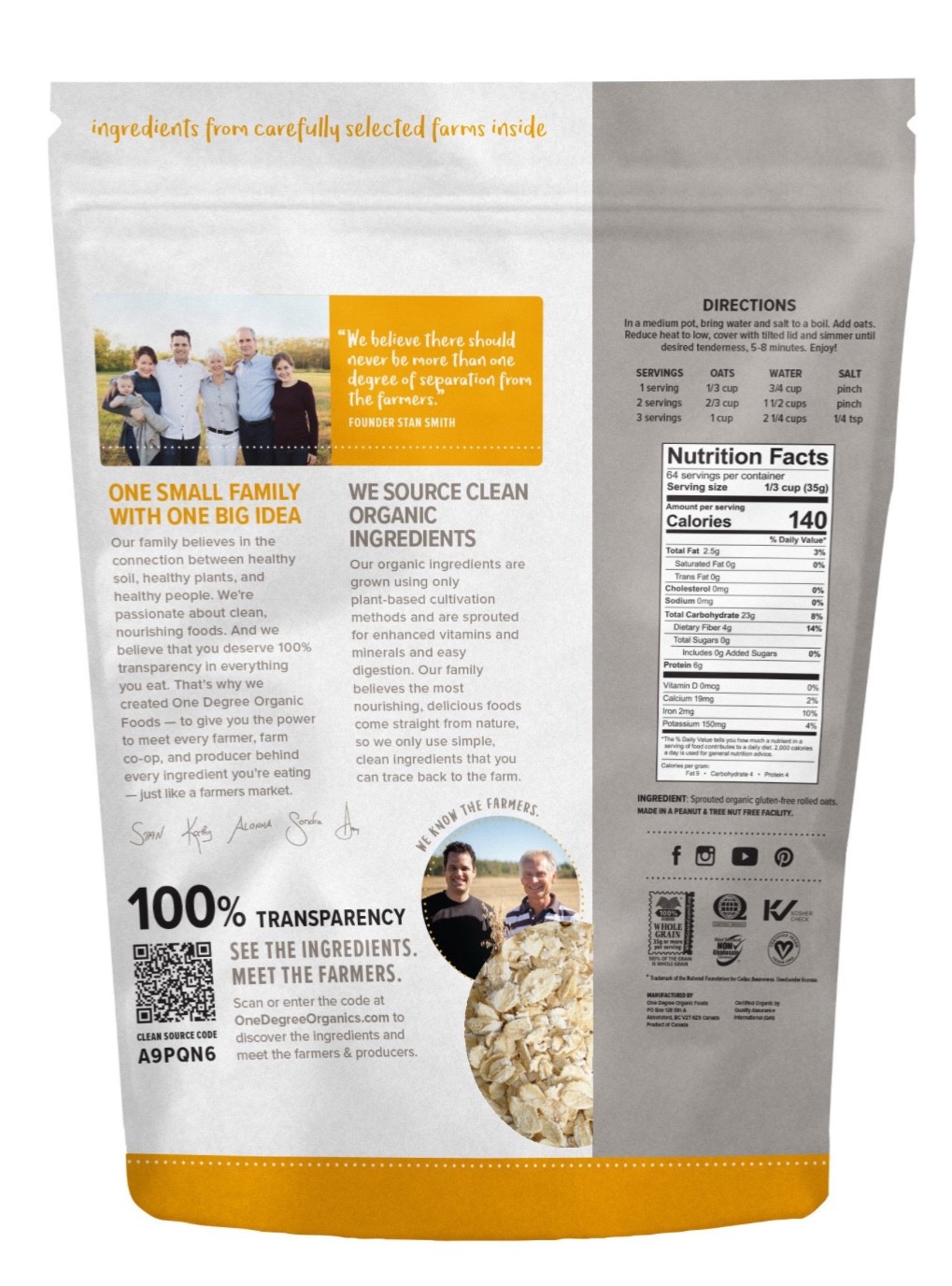 One Degree Organic Gluten Free Sprouted Rolled Oats 5 Lbs (80 Oz) EXP 04/2027 gallery