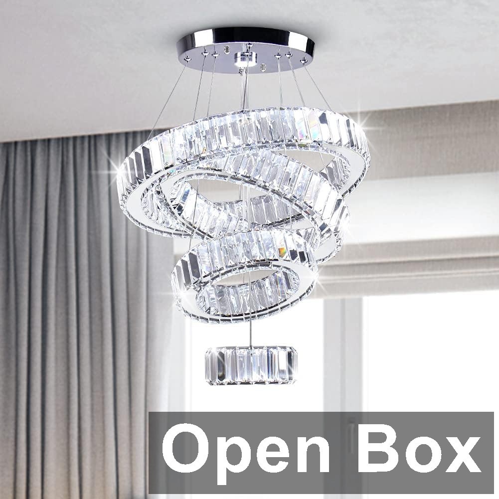 LED Crystal Chandelier 4 Rings Adjustable Stainless Pendant Lighting open box gallery