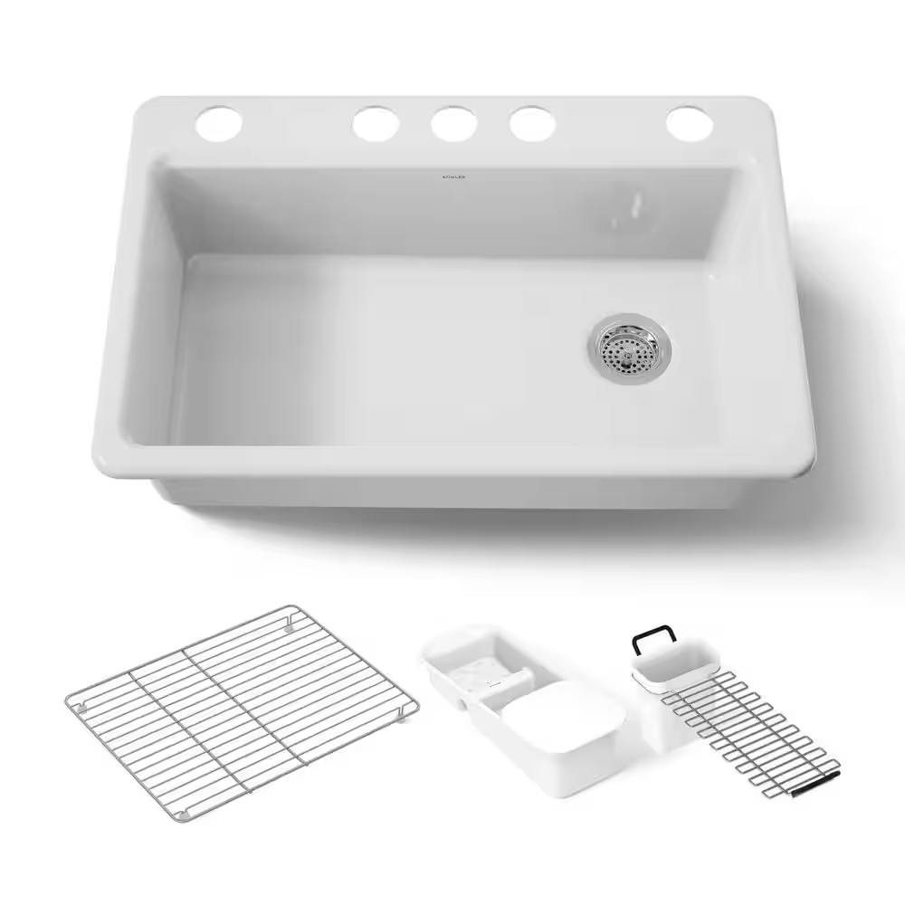 Riverby Workstation Undermount Cast Iron 33" 5-Hole Kitchen Sink Kit White, Accs gallery