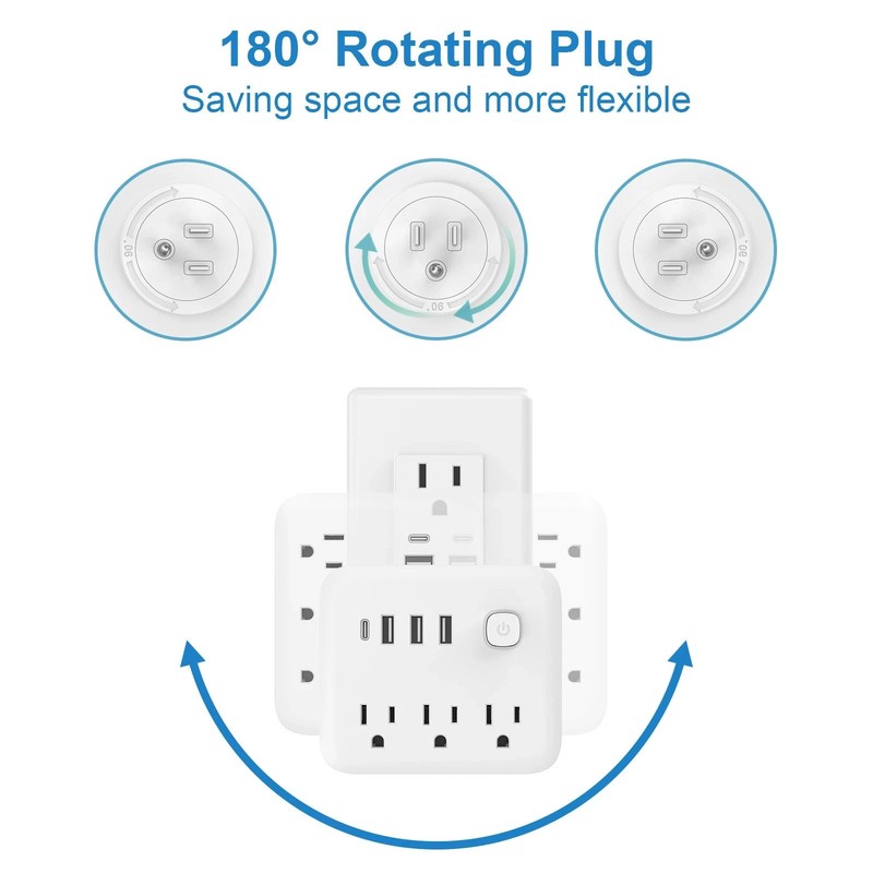 US Plug 180 Degree Rotating Socket, 7 Outlets Power Strip USB-C Charging Station gallery