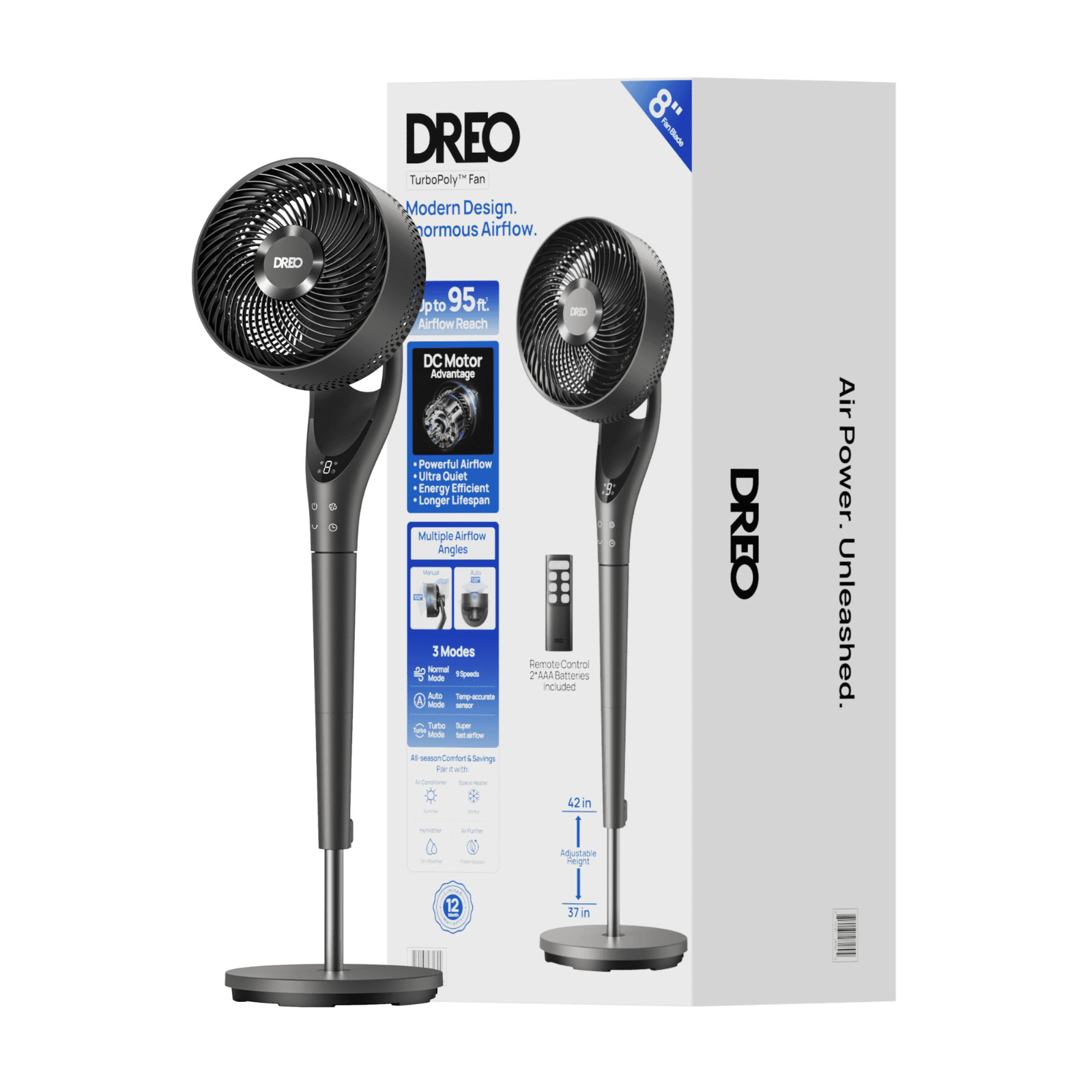 DREO Pedestal Fan with Remote, Quiet 25dB DC Motor Standing Fan, 9-Speed, Black gallery