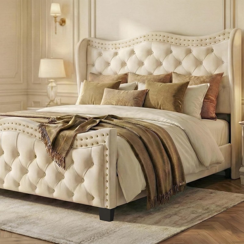 50" Tall Queen Wingback Bed Frame, Cream Ivory Velvet Button Headboard Footboard gallery