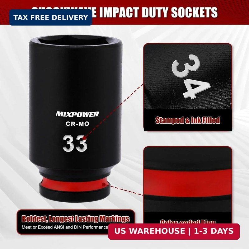 MIXPOWER 1/2" Drive Deep Impact Socket, CR-MO, 33mm, Metric, 6 Point, Axle Nut I gallery