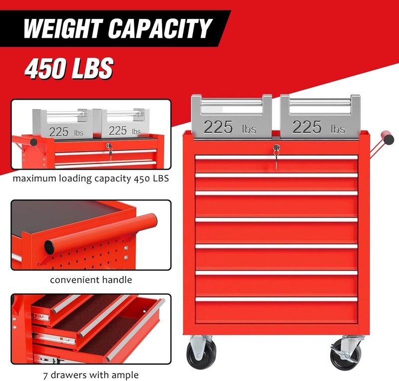 Red 7 Drawers Rolling Tool Chest on Wheels，Rolling Tool Cart Box Storage Cabinet gallery