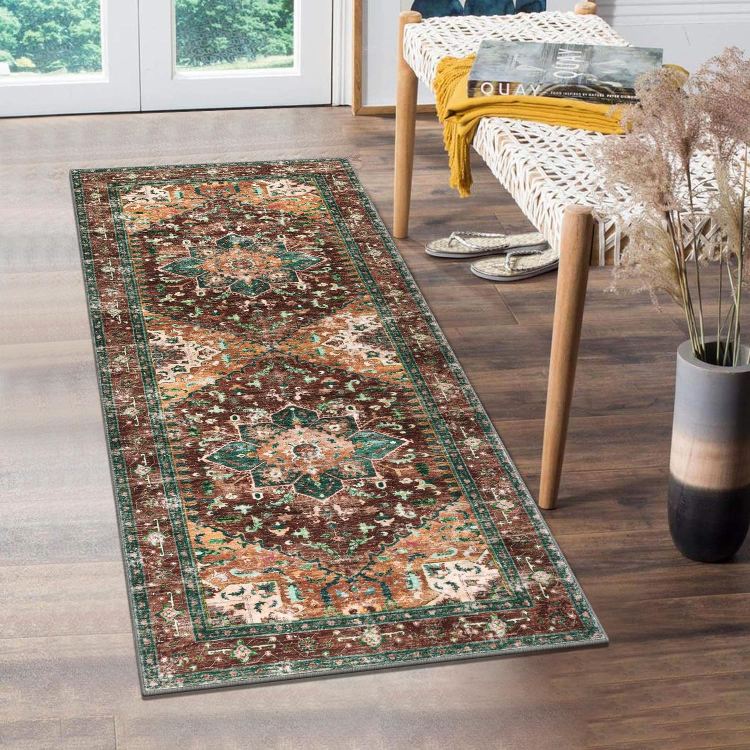 Yamaziot Washable Runner Rug, 2x5 Non-Slip Boho 2' x 5', Rust/Dull Teal gallery