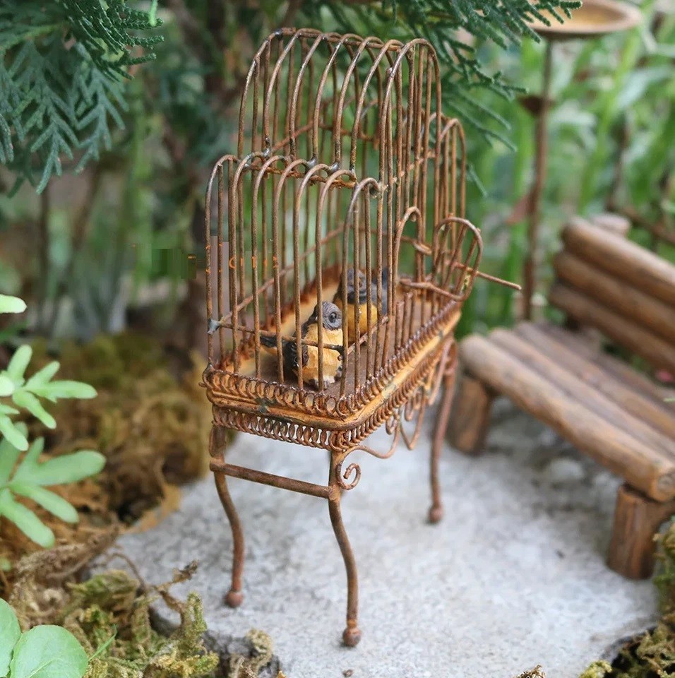Standing Bird Cage Mini Figurine Miniature Fairy Garden Decor Metal Statue gallery