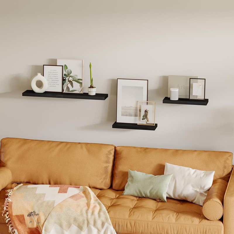 Black Wall Mounted Floating Shelves Rustic Wood Set of 4 15.8-Inch Storage gallery
