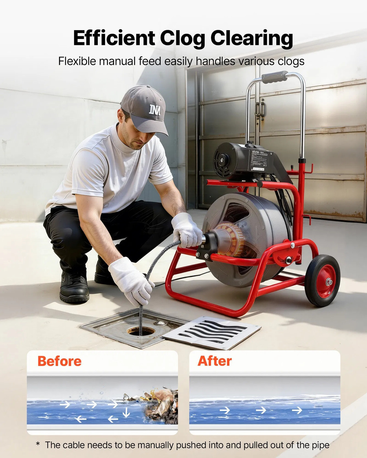 Drain Cleaner Machine 75 FT x 1/2 Inch, Sewer Snake Auger on Wheels, Manual Feed gallery