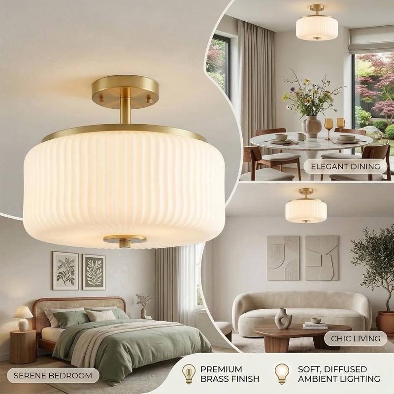 3-Light Gold Semi Flush Mount Ceiling Light 11.8" Fixture Ribbed Glass Shade gallery