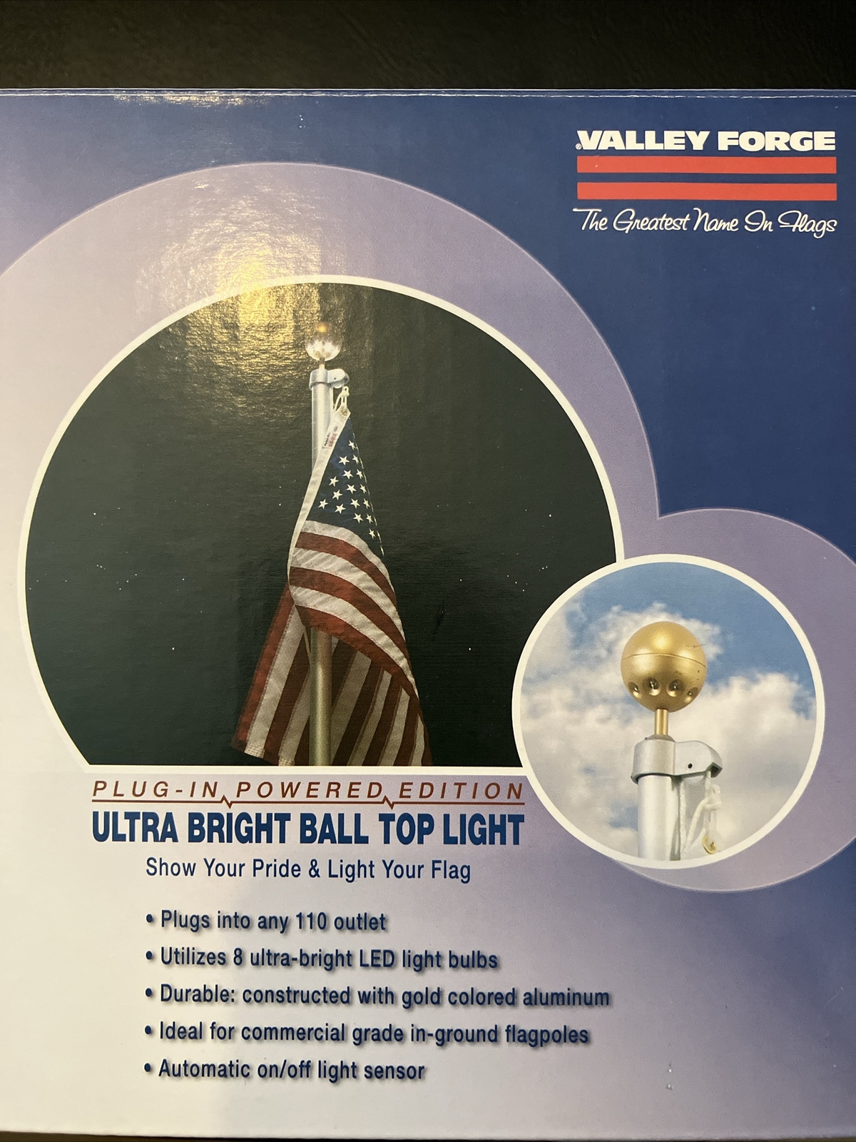 Flagpole 3” Ball Top Light Plug In Powered Valley Forge New In Box gallery