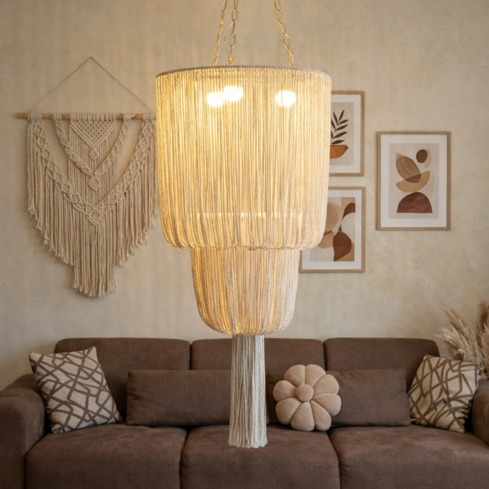 Fringe High Ceiling Light Fixture 55cm, Boho Pendant Light, Macrame Chandelier