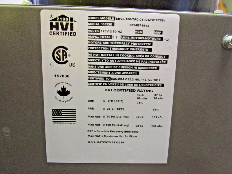 HEALTHY CLIMATE VENTILATION SYSTEM - MODEL ERV5-150-TPD-01 / #17Y55 - NEW gallery