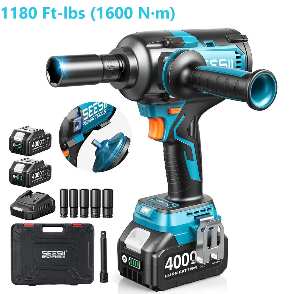 Seesii Brushless 1/2" Cordless Impact Wrench 1180Ft-lbs 1600 Nm Auxiliary Handle