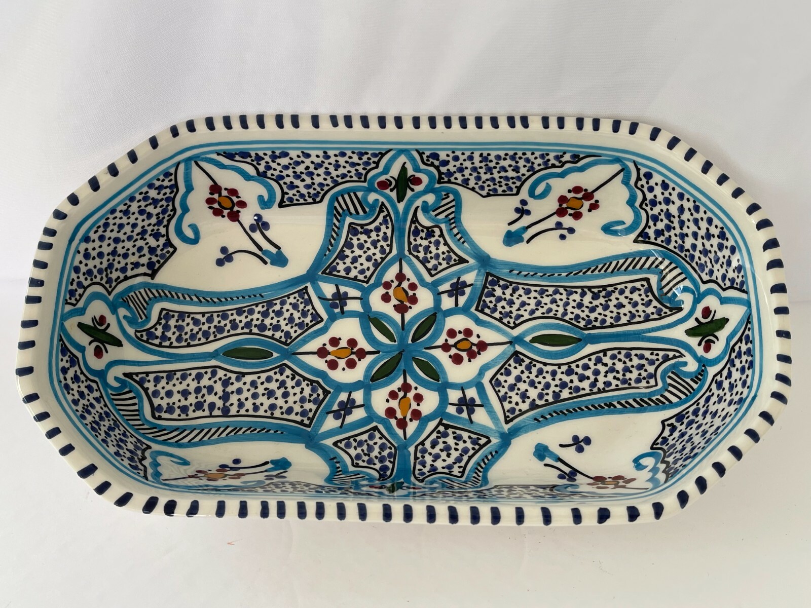 Hand Painted Vegetable Bowl Made In Tunsa Blues Oblong 11 x 6 1/4 x 2 1/2" gallery