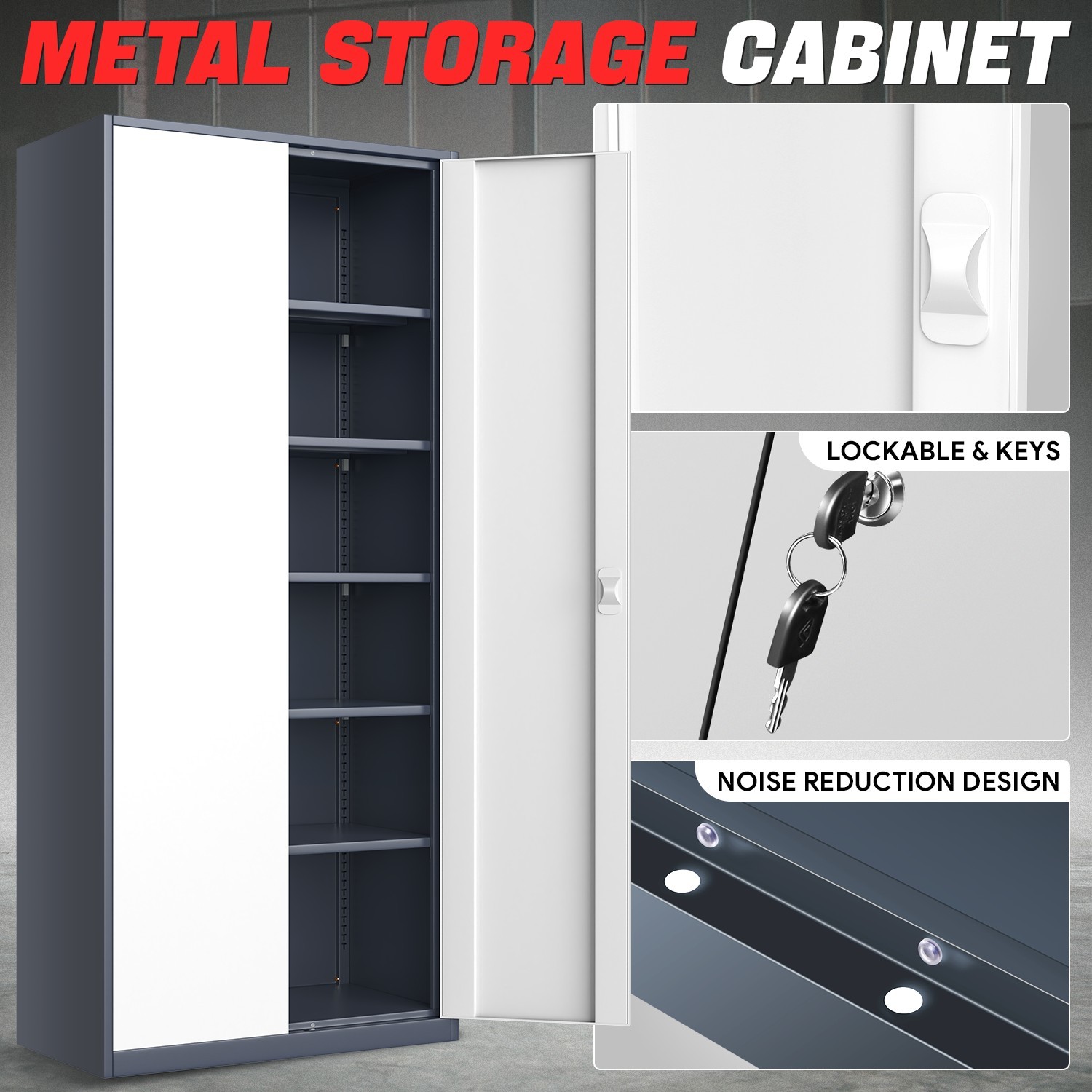 71" Lockable Heavy Duty Metal Storage Cabinet w/ 5 Adjustable Shelves Gray/White gallery
