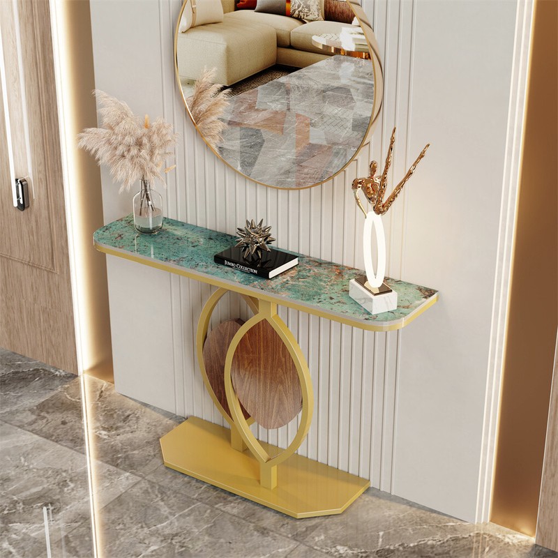 FATIVO Marble Console Table Golden Leaf Shape Pedestal Hallway Table Entryway gallery