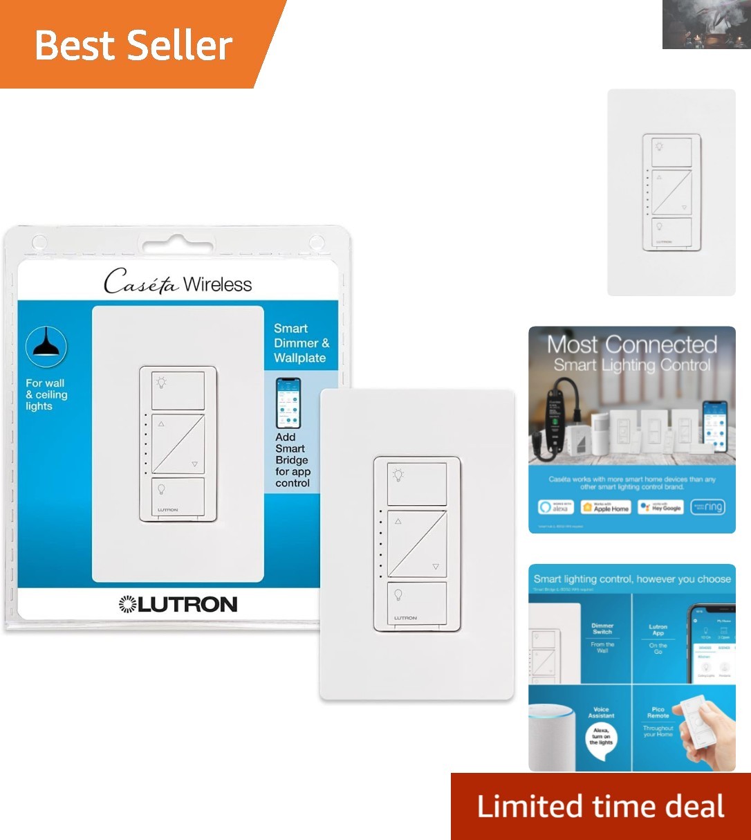 Caseta Smart Dimmer Switch, 150W, Voice Control, No Neutral Required, White gallery