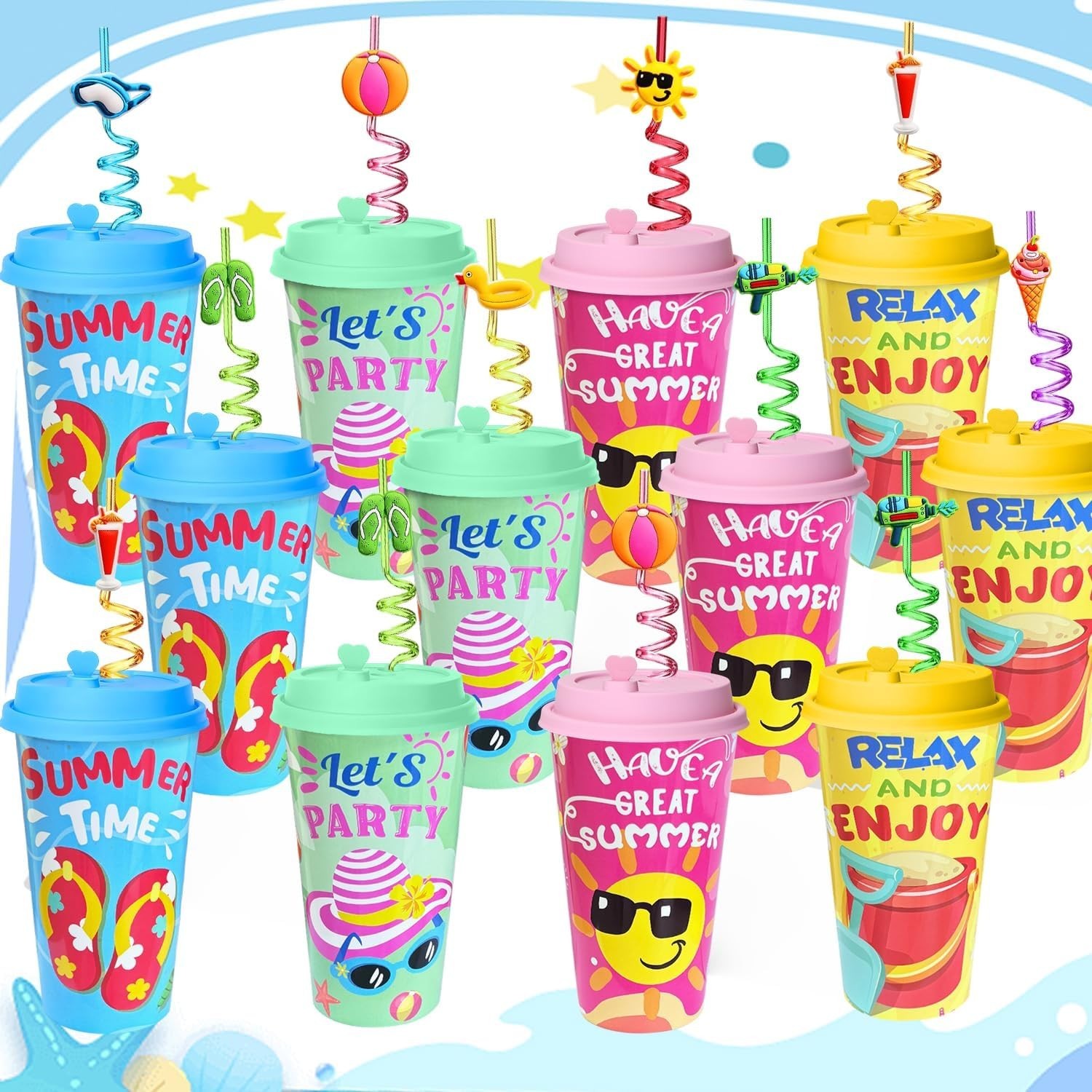 24 Sets Pool Beach Birthday Party Decorations Cups with Summer Silly Straws Bulk gallery