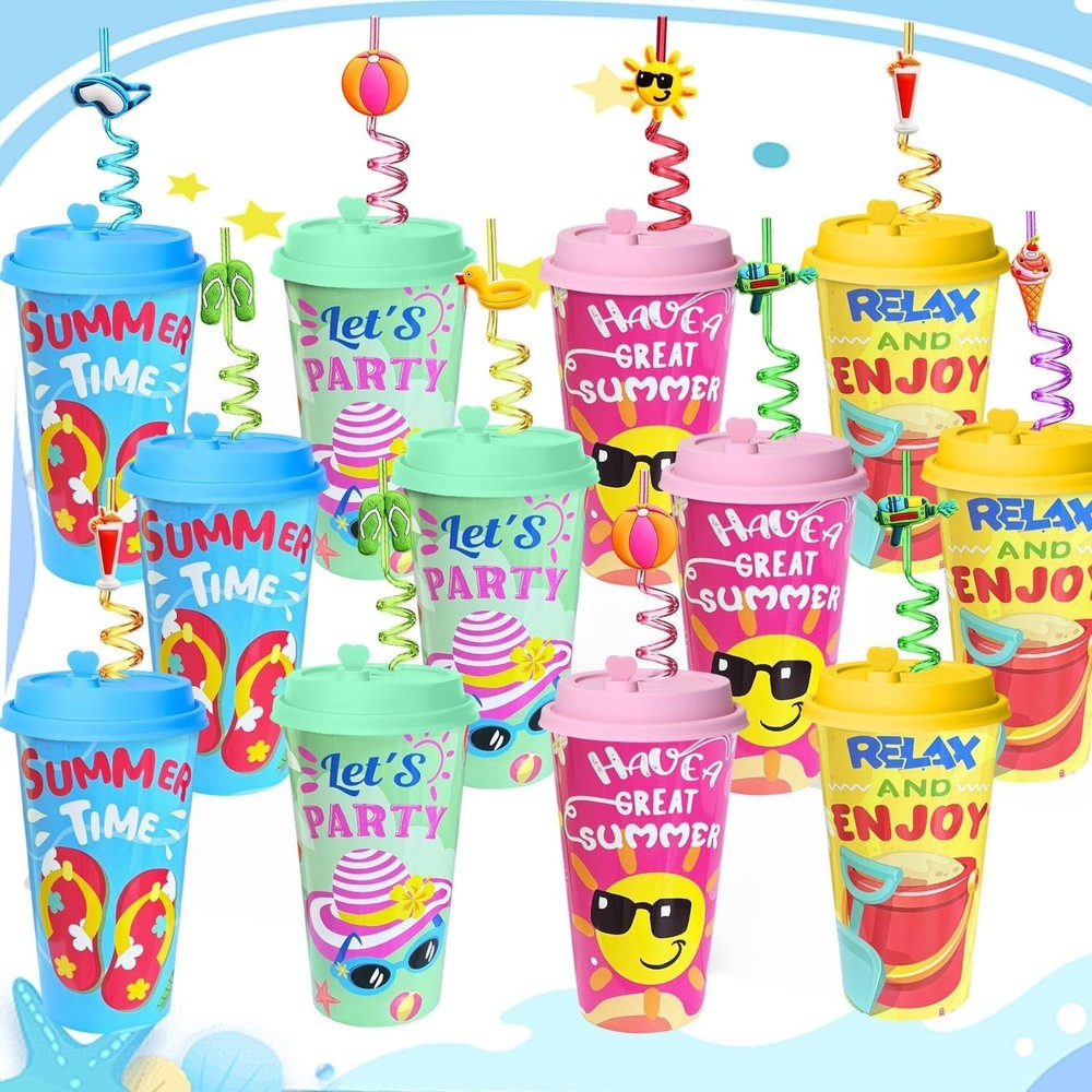 24 Sets Pool Beach Birthday Party Decorations Cups with Summer Silly Straws Bulk