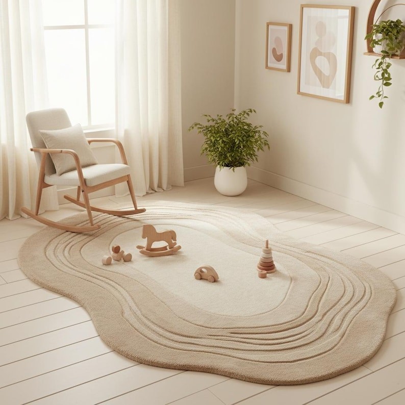 Hand Tufted Irregular Shape Rug – Minimalist Beige Area Rug, Tufted Wool Carpet gallery