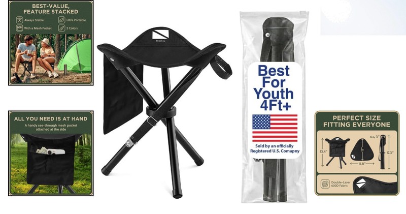 Vibrant Black Foldable Tripod Stool for Kids – 13.4'' Height, 180 lb Capacity gallery