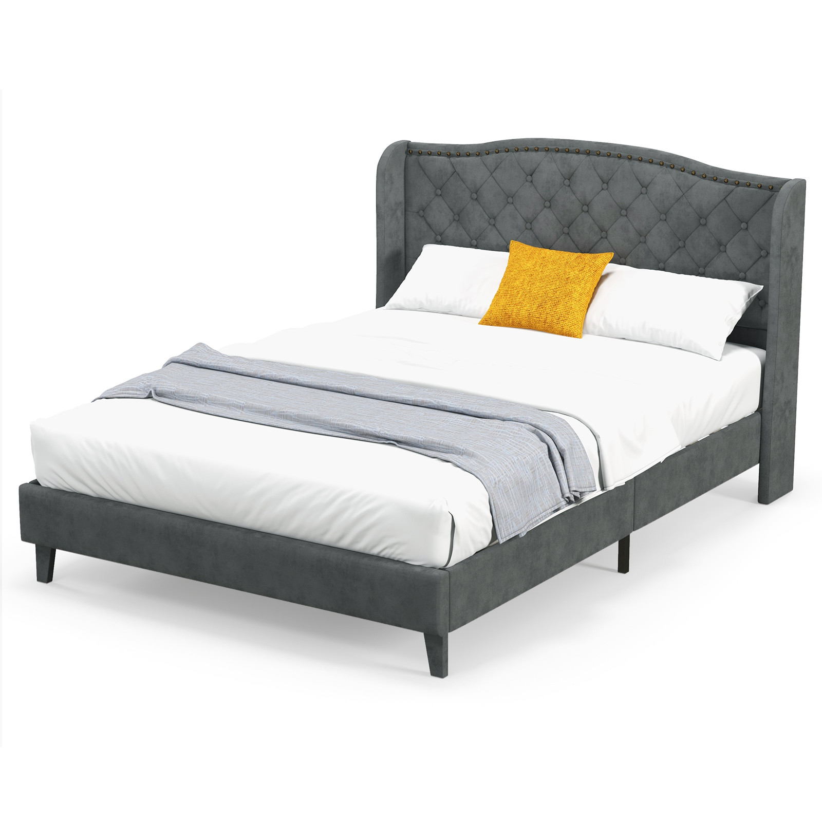 Full Upholstered Bed Base Bed Frame w/ High Density Sponge Padded Headboard Grey gallery