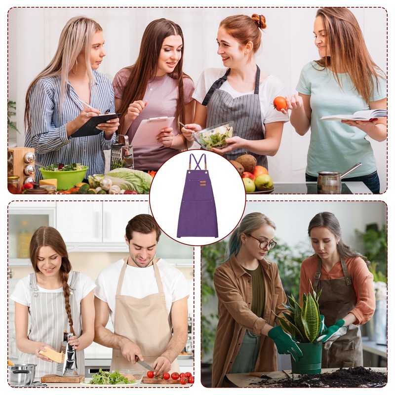 Canvas Chef Aprons Adjustable 75x69cm Cross Back Kitchen Apron 3 Pockets Purple gallery