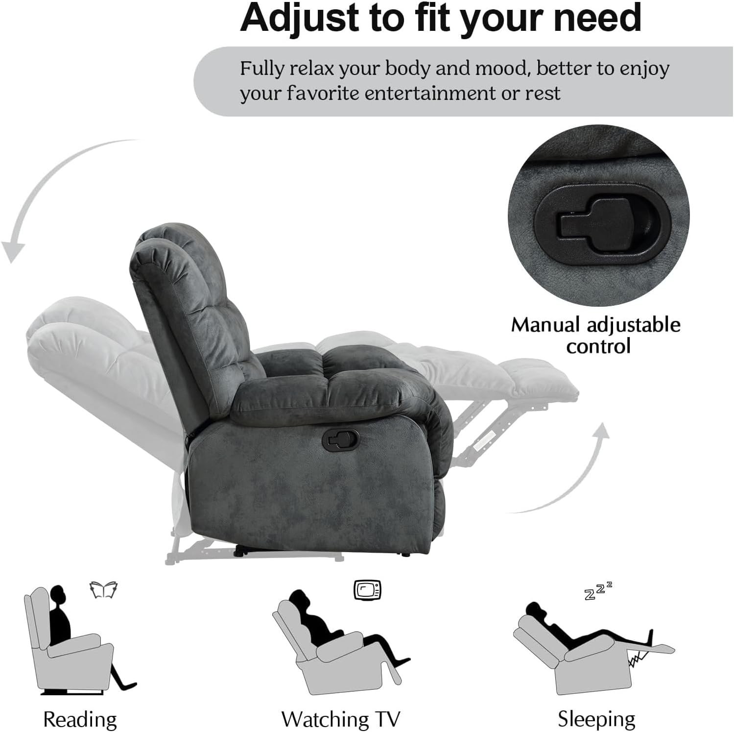 EBELLO Soft Fabric Manual Recliner Chair with Overstuffed Backrest and Armrest gallery