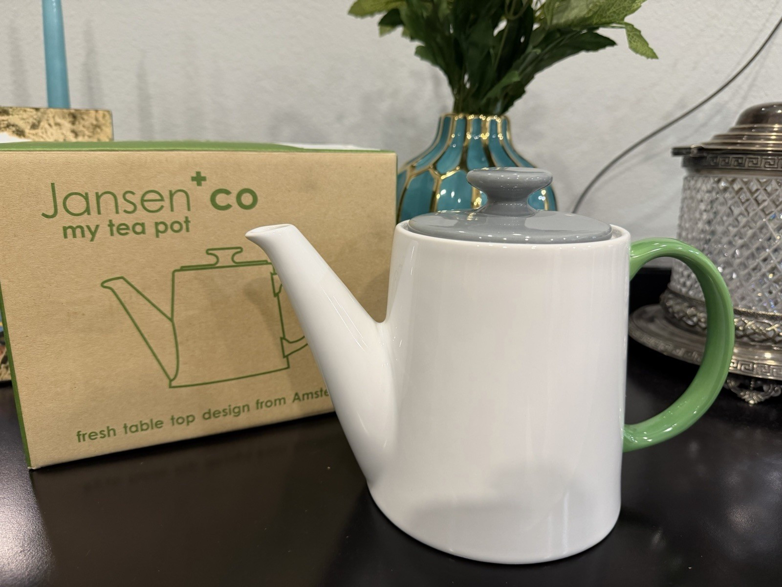 BRAND NEW! Jansen+co My Tea Pot Ceramic White Green Gray Modern Teapot with Lid gallery