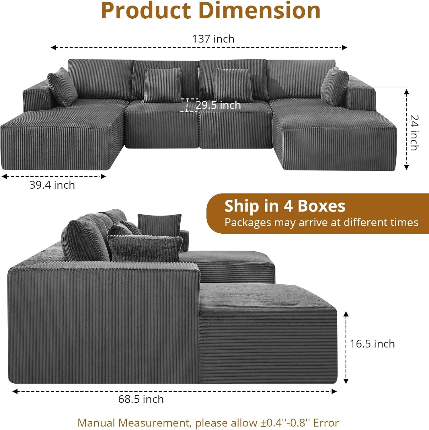 137" Oversized Cloud Sectional Sofa Corduroy U Shape Chaise Living Room Couch gallery