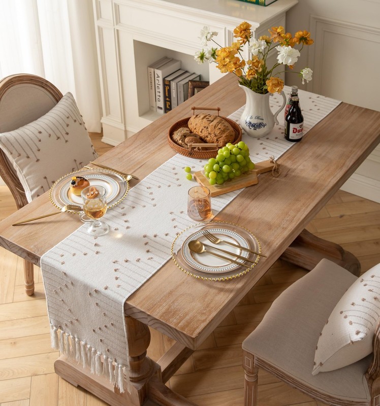 Boho Table Runner 13x48" Natural Cotton Woven Tassels Home Dining Decor Farmhous gallery