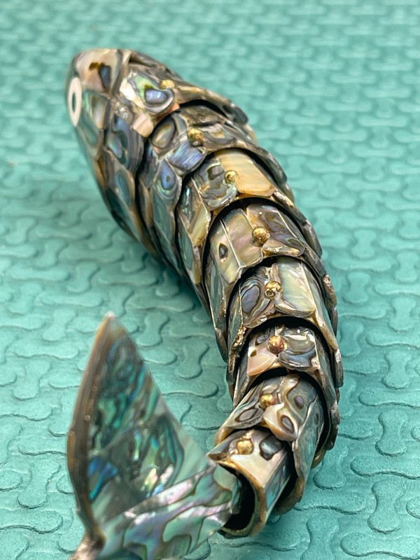 Abalone Shells Fish Shape Bottle Opener Mexican Articulated 8" Vintage gallery