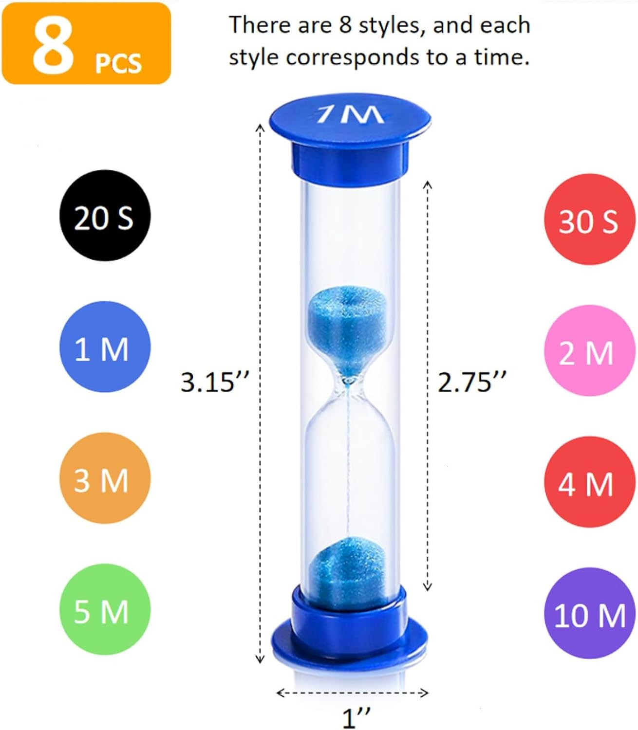 8 Pack Colorful Hourglass Sand Timer Set for Kids, 20Sec 30Sec 1Min 2Min 3Min 4M gallery